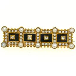 Antique Victorian 15k Yellow Gold Old Mine Cut Diamond Seed Pearl & Onyx Bar Pin