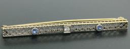 Antique Two Tone 14k Gold Diamond & Synthetic Sapphire Open Filigree Bar Pin