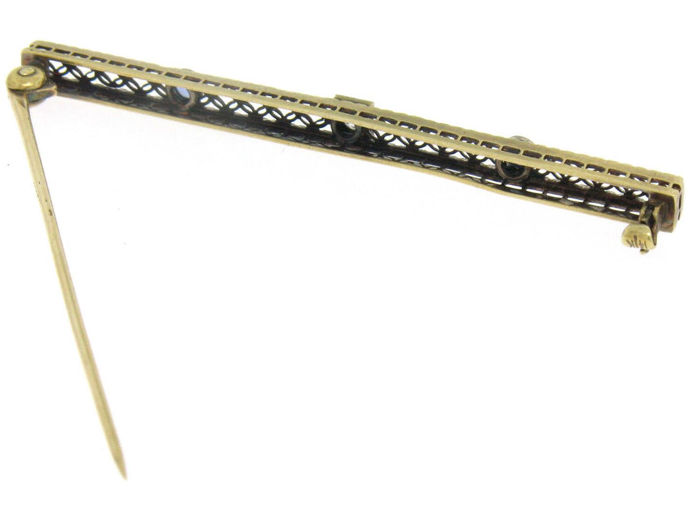Antique Two Tone 14k Gold Diamond & Synthetic Sapphire Open Filigree Bar Pin