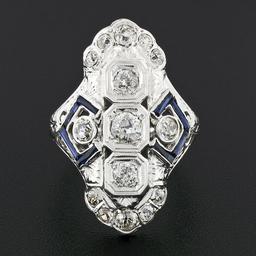 Antique Art Deco 18k Gold 1.13 ctw European Diamond Sapphire Etched Dinner Ring