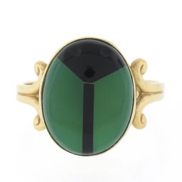 Vintage 14K Gold Oval Bezel Inlaid Chrysoprase & Black Onyx Scarab Beetle Ring