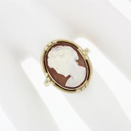 Vintage 14k Gold Milgrain Bezel Set Oval Carved Shell Cameo W/ Open Frame Ring