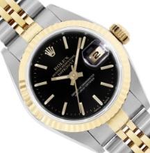 Rolex Ladies 18K Two Tone Gold And Steel Black Index 18K Yellow Gold Fluted Beze