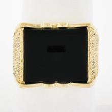 Men's Vintage 14K Yellow Gold Rectangular Black Onyx w/ Textured Sides Wide Ring