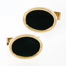 Vintage 14K Yellow Gold Classic Oval Cut Bezel Set Black Onyx Swivel Cuff Links