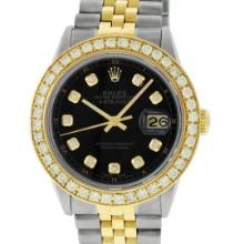 Rolex Mens Two Tone 18K Black 2 ctw Diamond Datejust Wristwatch
