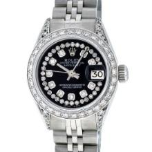 Rolex Ladies Stainless Steel Quickset Black Diamond Lugs Datejust Wristwatch Ser