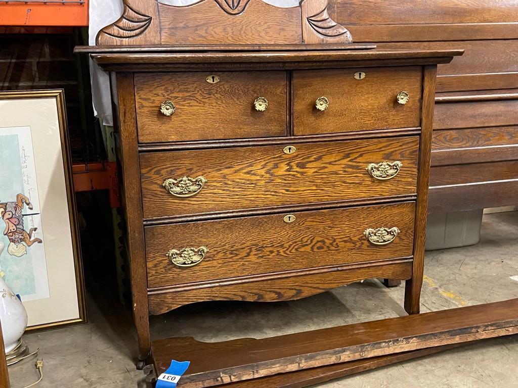 Antique Three-Quarter Oak Head and Foot with Side Rails and Dresser with Mirror
