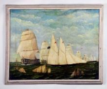 LARGE MARITIME PAINTING OF HEAVY OFFSHORE SHIPPING