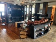 Contemporary Couch, Entertainment Center/Bookshelf, (2) Ottomans & Onyx/Steel Coffee Table