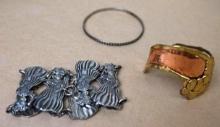 Artist Marked Copper & Brass Cuff Bracelet with 2 Silvertone ACI Bracelets