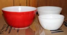 Pyrex No. 402 1.5 Quart Red Mixing Bowl and Two Small White Oven Ware Bowls