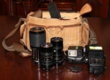 Camera Bag with 3 Vivitar Lenses, Flashes, and More